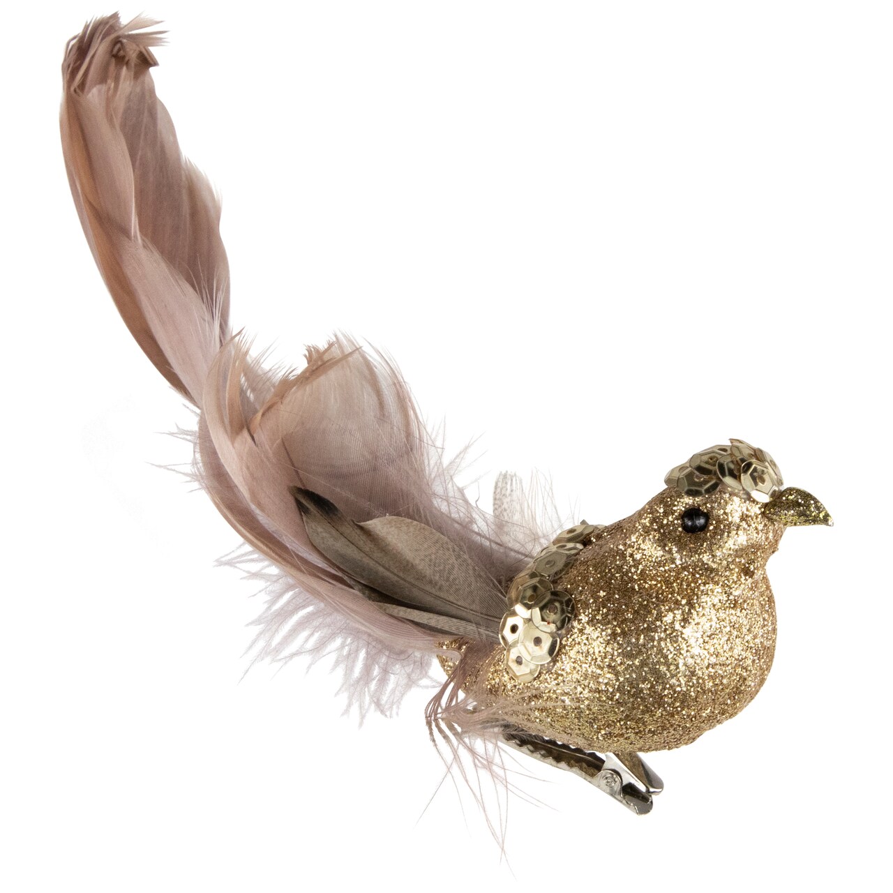 Northlight Sequins and Glitter Bird with Feathers Clip On Christmas Ornament - 6" - Gold